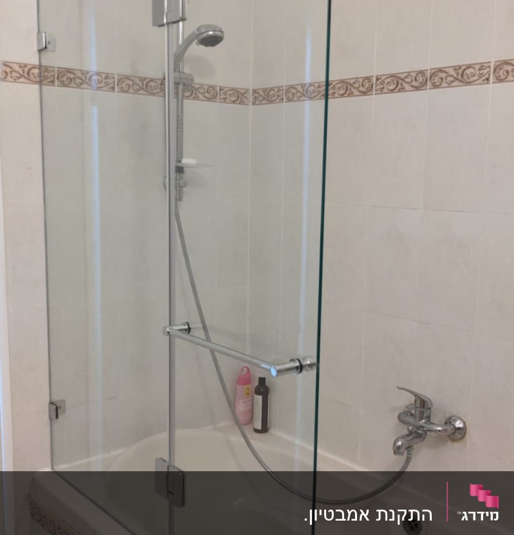 מקלחת עם דלת זכוכית, ראש מקלחת ובקבוקי סבון